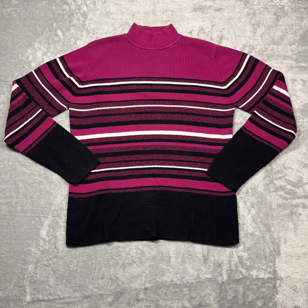 Karen Scott Sweater Womens Large Magenta Black‎ Striped Mock Neck Cotton Ribbed